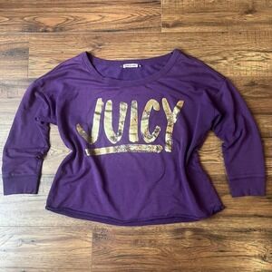 Juicy Couture Womens Long Sleeve Shirt Purple‎ Gold Logo Baddie Y2K Loungewear M